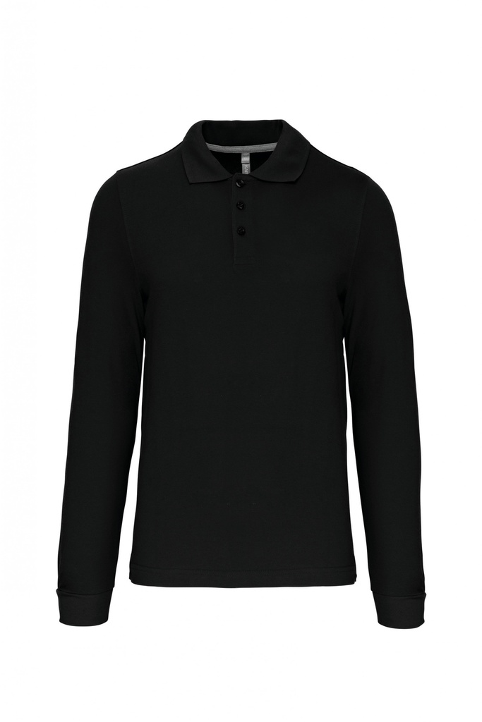 Polo manga larga, Hombre, malla de punto pique, cuello canale, aberturas laterales, 100% algodon peinado pique.