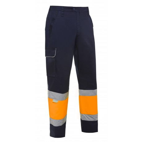 Pantalon laboral combinado de alta visibilidad. Multibolsillos, Dos bandas reflectantes, 65% poliester y 35% algodon, 190 grs