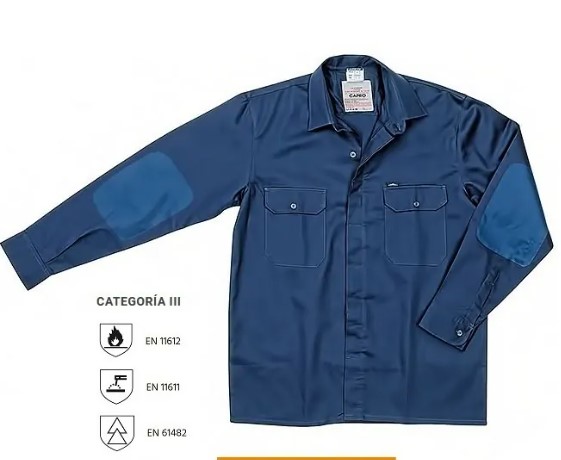 Camisa Ignifuga manga larga, Coderas, Botones con solapa de proteccion, 100% algodon, 175 g/m². Azul marino. 