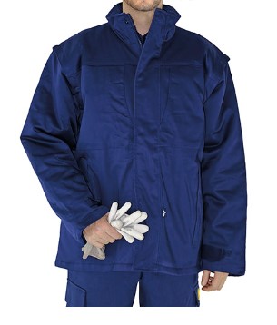 Parka antiestatica y retardante. Desmangable. 98% algodon, 2% fibra  de carbono. 270 g/m² . Azul Marino