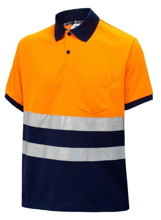 Polo de trabajo de alta visibilidad, Dos Bandas Reflectantes. Manga Corta. Cuello camisero, Bolsillo en pecho 100% Poliester EPI Cat.II