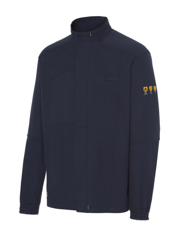 Cazadora ignifuga inherente multinorma. Espalda ajustable. 60% Modacrilico, 38% Algodon, 2% Antiestatico. EPI Cat III