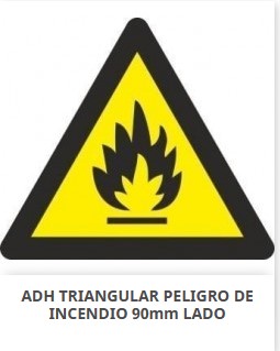 Señal triangular adhesiva de vinilo, Peligro de Incendio, 9x9cm