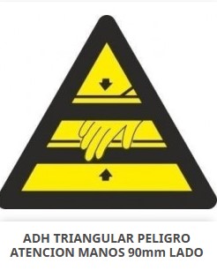 Señal triangular adhesiva de vinilo, &quot;Peligro Atencion Manos&quot;, 9x9cm