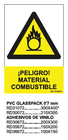 Señal PVC Glasspack &quot;¡Peligro! Material combustible&quot;, 210x300mm