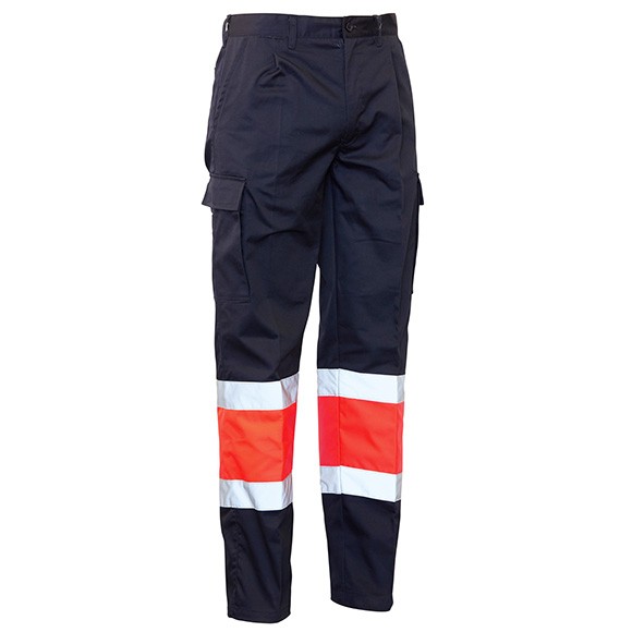 MADRAS 4 Pantalon multibolsillos bicolor, cintura elastica, 2 bandas reflectantes, 65%Poliester 35%Algodon, Rojo Fluor: 80%Poliester 20%Algodon