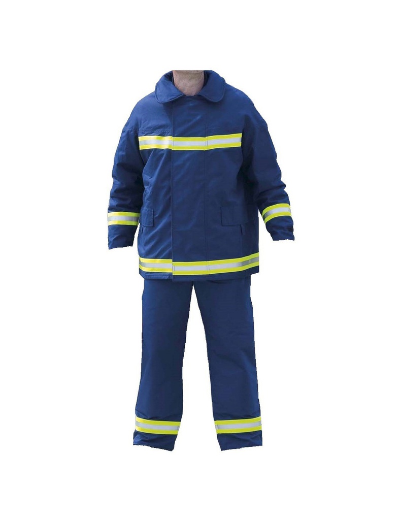 Conjunto Chaqueton y cubre pantalon Bombero, cintas reflectantes en pecho, mangas, cintura y tobillos