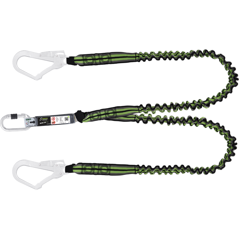 FA 30 800 15 Eslinga bifurcada en cinta elastica con absorbedor de energia, mosqueton de bloqueo y 2 ganchos de acero, 1.5m