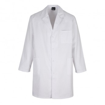 Bata basica unisex, manga larga, con corchetes, 3 bolsillos, color blanco, Sarga, 67% poliester-33% algodon. SAGER