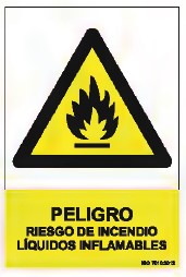 Señal, &quot; PELIGRO DE INCENDIO, LIQUIDO INFLAMABLE&quot;, PVC 0,7mm 210X300mm