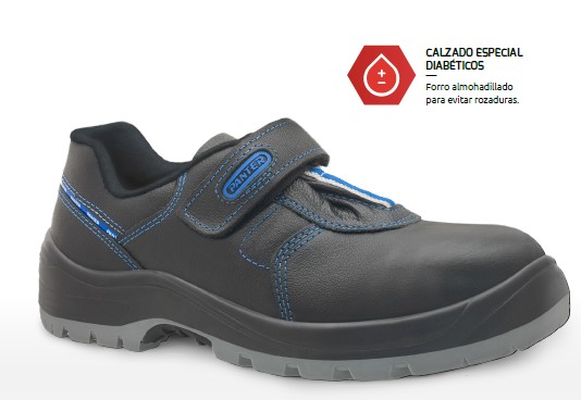 Zapato de seguridad, cierre ajustable, horma extra ancha, Oxigeno Diabetico, Forro almohadillado, Negro, S3.