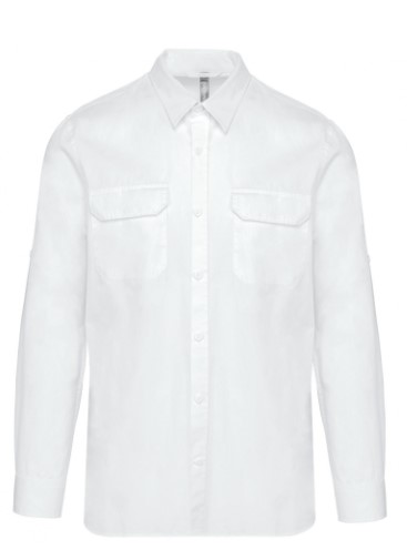 Camisa Safari manga larga hombre. 100% algodon. Tejido popelina. Mangas ajustables y remangables.