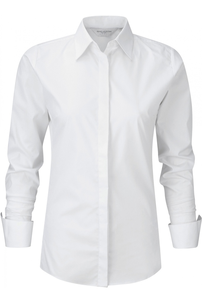 Camisa Ultimate Stretch manga larga mujer, 75% algodon-25% elastomultiester. Pinzas en espalda. Corte entallado.