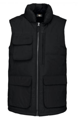 Chaleco acolchado multibolsillos, 100%poliester, cuello acolchado, cordon ajustable en bajo, cierre con cremallera de plastico.